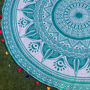 Teal Tapestry with Rainbow Pom Poms - Sparkle Rock Pop
